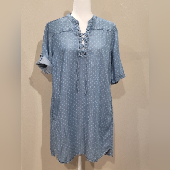 Philosophy Womens Shirt Dress Sz L Light Chambray Blue Short Sleeve Knee Length - Picture 3 of 8